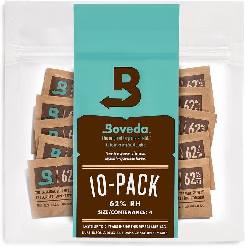 Boveda 62% Two-Way Humidity Control Packs, Size 4, 10 Pack, Moisture Absorbers for Small Storage Containers, Resealable Bag