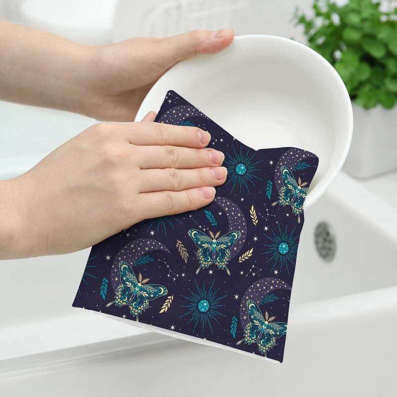 Moth & Sun Pattern Kitchen Towel, 2pcs set Kitchen Towel for Drying Dishes, Household Hand Towel, Kitchen Accessories