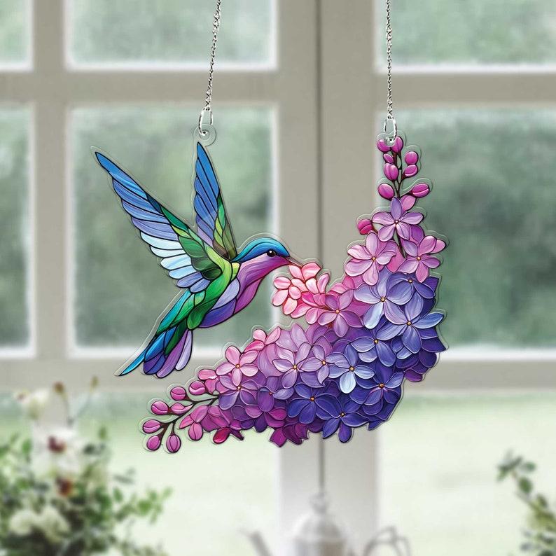 Lilac Branch and Hummingbird Acrylic Window hanging, Lilac lovers, Hummingbird decoration, bird nerd gift, Bird lovers