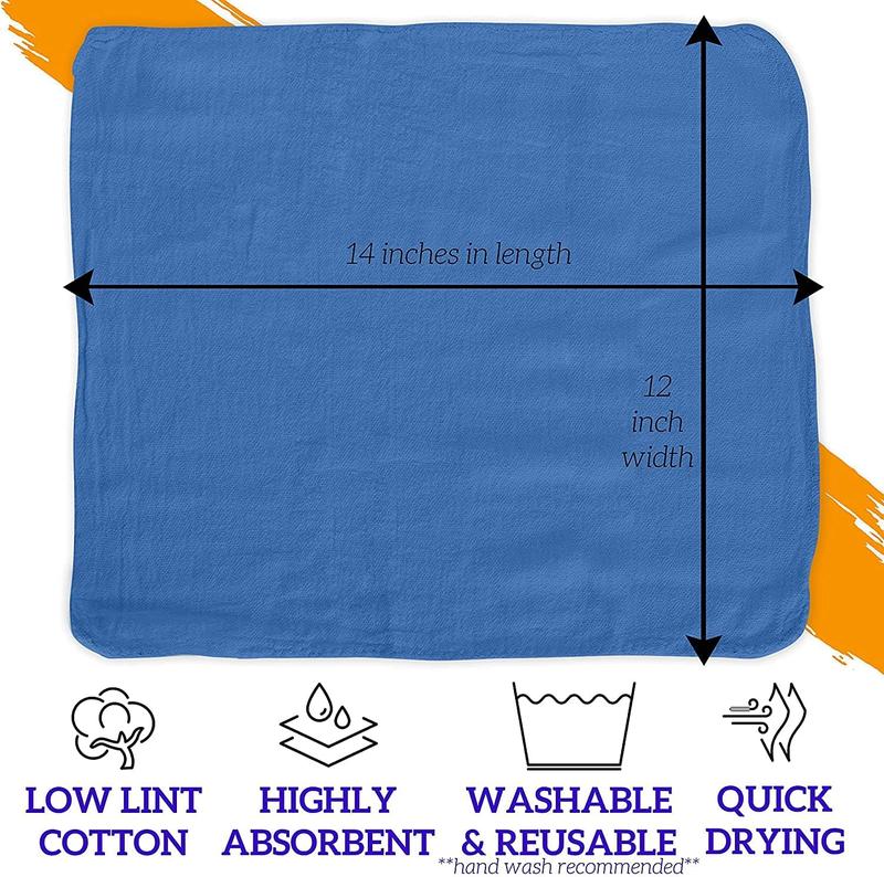 100 Pack 12x14 Blue Shop Towel  Cotton, Super Absorbent and Durable for Car, Reusable