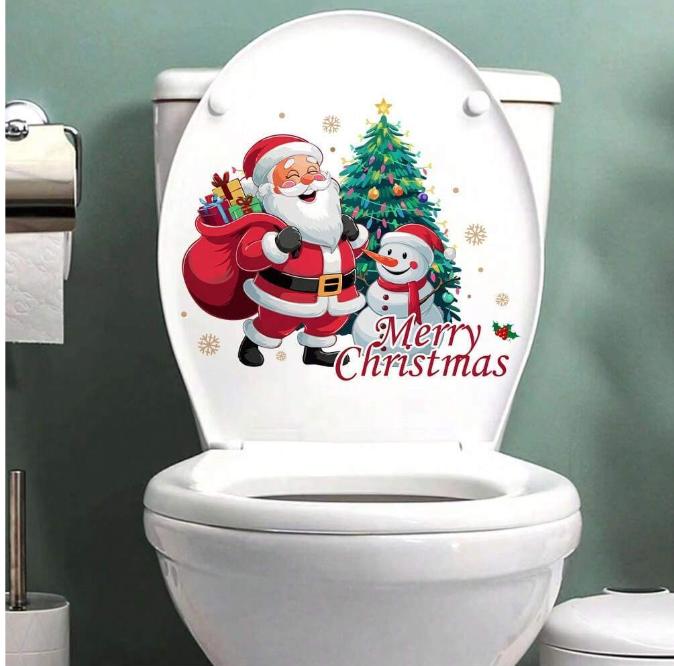 Christmas Snowman & Tree Print Toilet Seat Cover Sticker for Bathroom Decoration