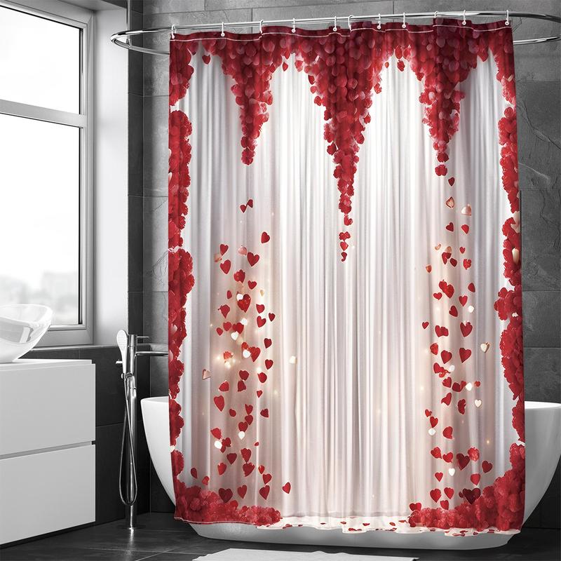 Romantic Rose Pattern Bath Curtain, Waterproof Shower Curtain with 12pcs Hooks, Bathroom Curtain, Household Bathroom Accessories