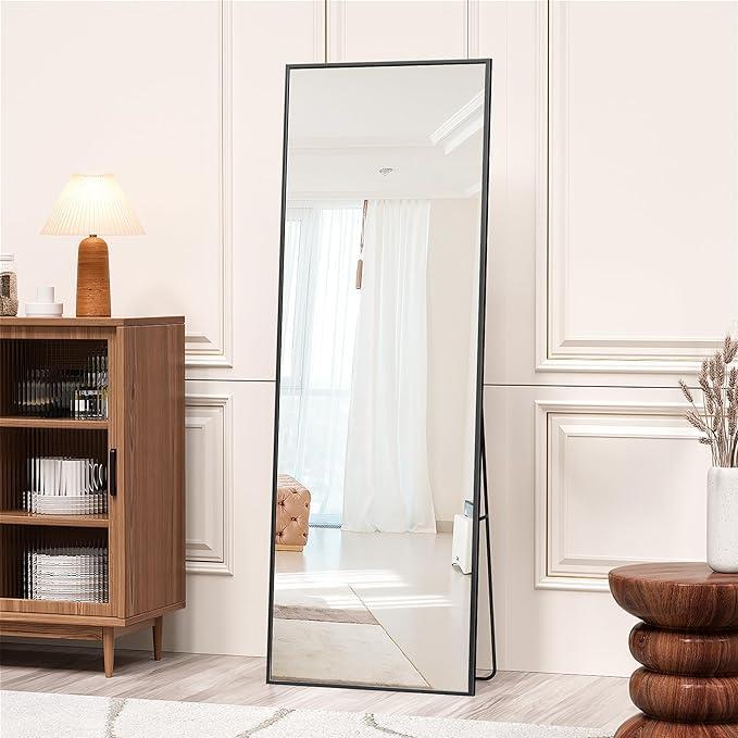 Wall Mirror Full Length Mirror,Standing Mirror Full Body,Floor Mirror for Wall Door Bedroom Bathroom Living Room with Aluminium Frame(with Stand,59x16-Black gold)