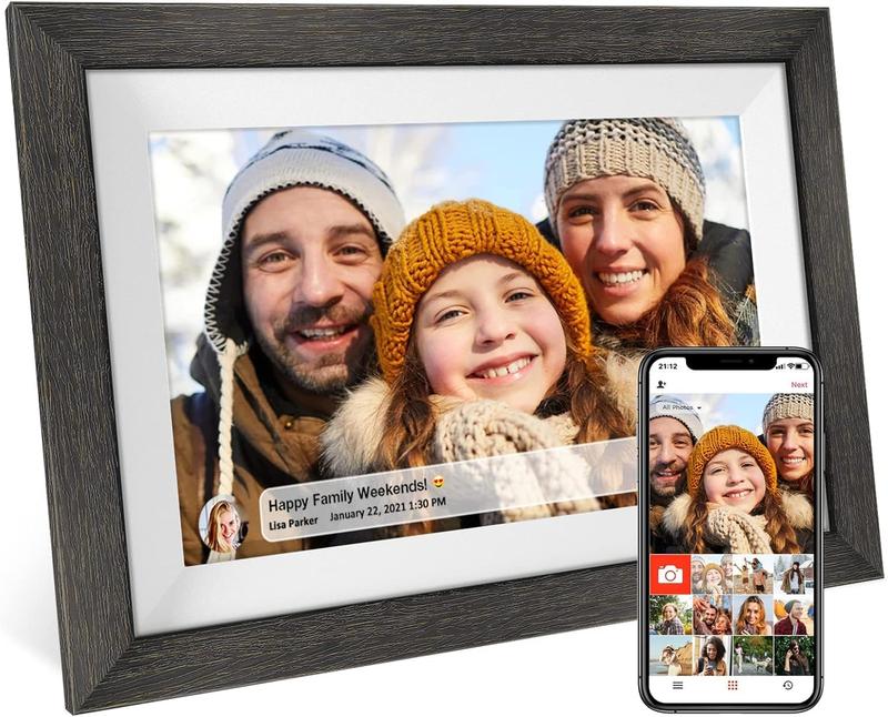 Ekoio Gift idea 10.1 inch Digital photo Frame WiFi Smart Digital Photo Frame Wood IPS HD 1280 * 800 1080P Touch Screen Auto-Rotate Easy Setup to use Free Share Photos and Videos