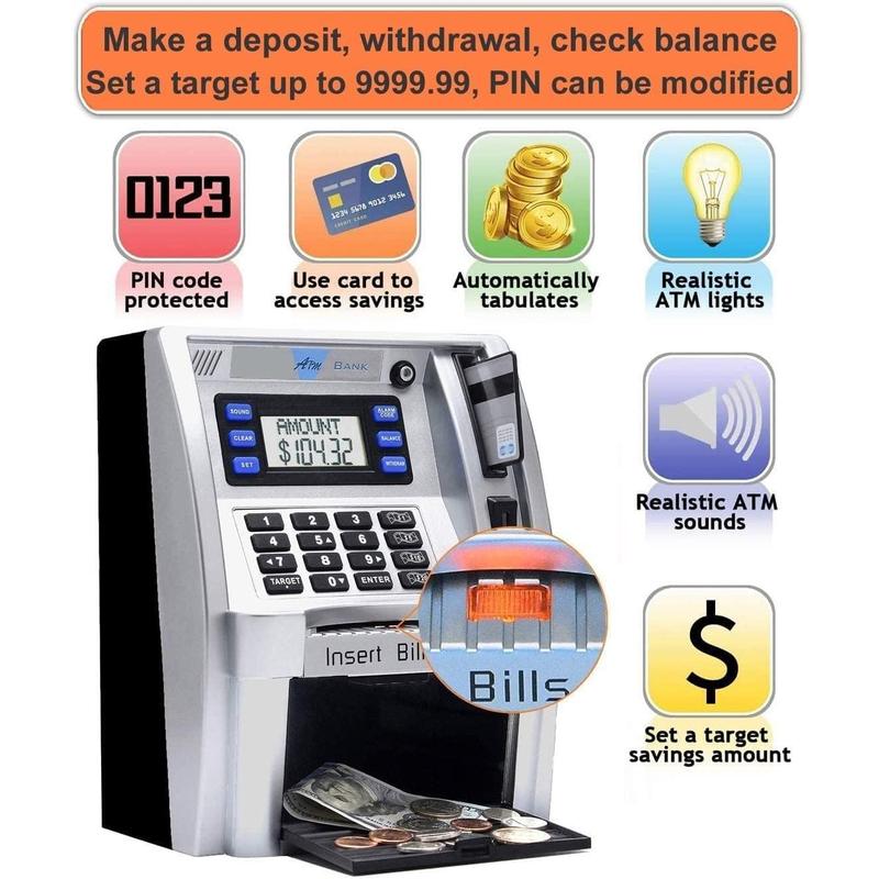 2024 Upgraded ATM Piggy Bank for Kids with Power-Off Memory and Debit Card for Real Money, Onekey Shutdown, Coin Recognition, Target Setting, Bill Feeder, Balance Calculator, Savings Machine Box