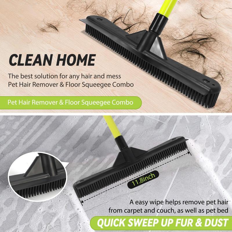 Original Indoor Pet Hair Rubber Broom with Carpet Rake and Squeegee, Broom withTelescoping Long Handle, Pet Hair Broom withSqueegee for Carpet