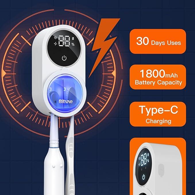 Bitvae X122 Toothbrush Cleaner, toothbrush Sanitizer, UV-C Cleaning and Air Drying, LED Smart Screen, Rechargeable Wall Mount Toothbrush Holder, X122 toothbrush sterilizer