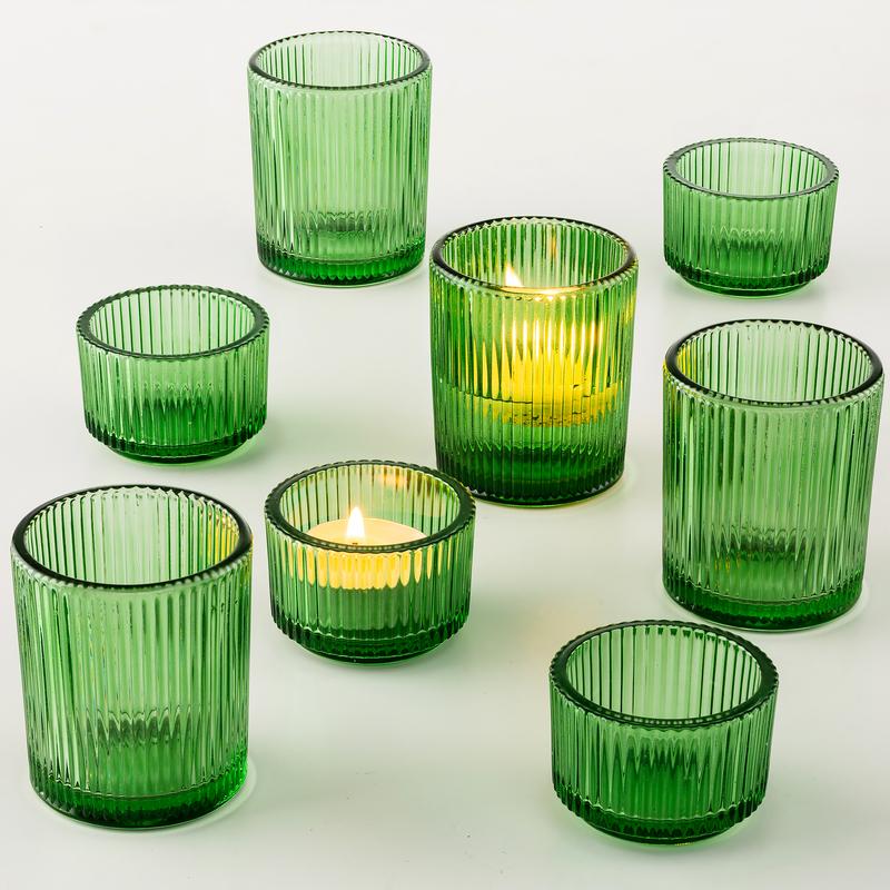 Green Ribbed Glass Tealight Holders: Decorative Votive Candle Holders for Table Centerpiece, Wedding, Christmas, and Dining Room Decor.