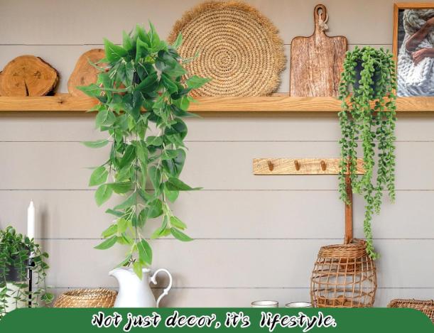 [Limited Time Deal] 4 Pack Fake Plants with Pots, Artificial Ivy, Eucalyptus, Boston Fern, & String of Pearls for Indoor Outdoor Decor.