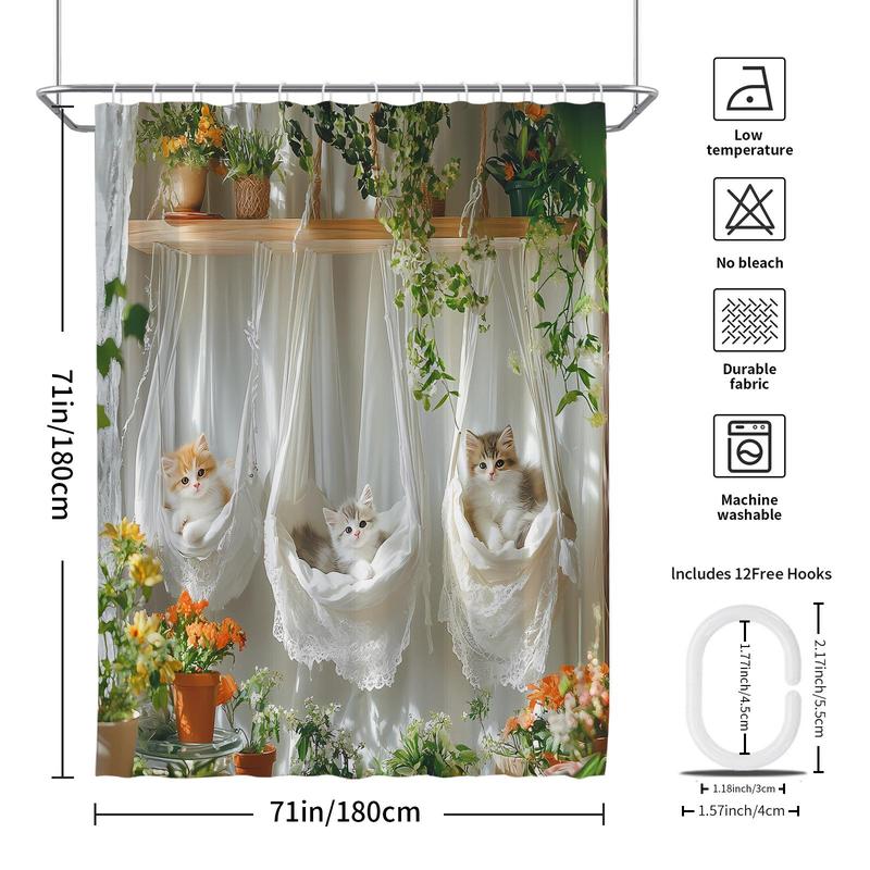 Cute Cat Pattern Shower Curtain, Floral & Cat Pattern Bathroom Curtain with 12 Hooks, Bathroom Decoration Supplies for Home Hotel Salon Dormitory