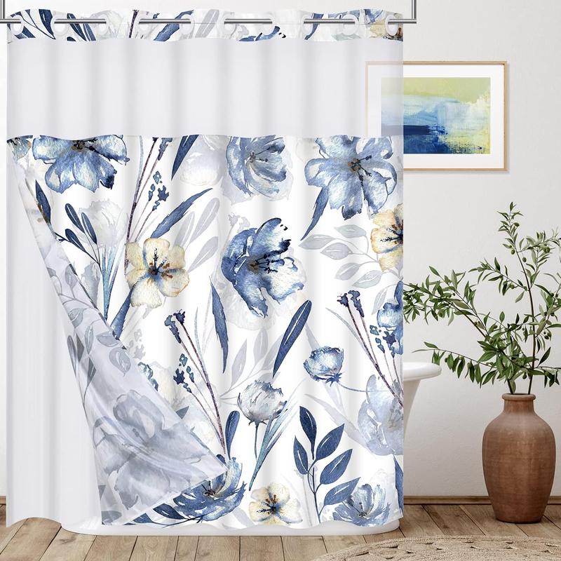 Alishomtll No Hook Shower Curtain with Snap-in Liner Set, Hotel Grade Blue Floral Shower Curtain with See Through Top Window, Blue White, No Hook, Double Layer, Waterproof, Washable, 72