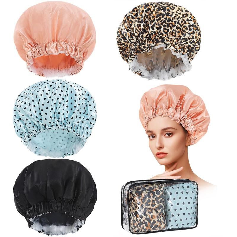 4 Pack Reusable Waterproof Shower Caps for Women with Toiletry Bag - Large Shower Cap Set for Long Hair, Hair Care Double Layer Waterproof Shower Cap