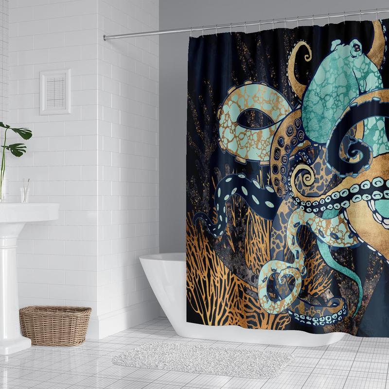 Octopus Pattern Shower Curtain, 1 Count Waterproof Bathroom Curtain with 12pcs Hooks, Bathroom Decor Supplies for Home Hotel Salon