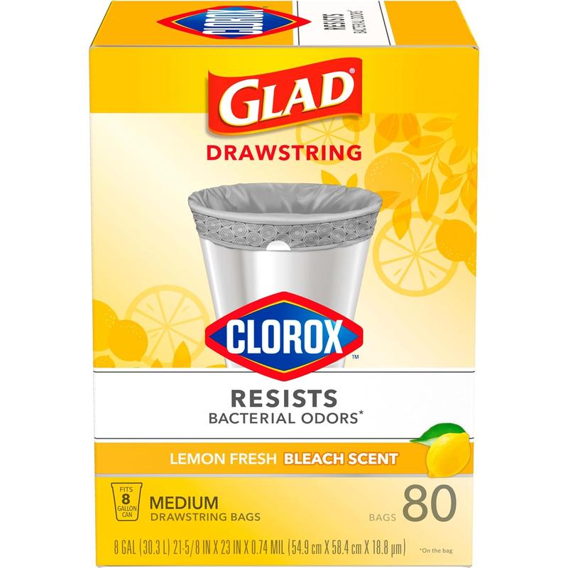 Glad Trash Bags, Medium Drawstring Garbage Bags with Clorox, 8 Gallon Grey Trash Bags, Lemon Fresh Bleach Scent, (Package May Vary), Lemon, 80 Count No brand