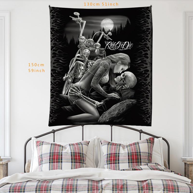 Halloween Motorcycle & Couple Pattern Tapestry, Halloween Decor Gothic Style Wall Hanging, Wall Decor for Home Living Room Bedroom Office Dormitory