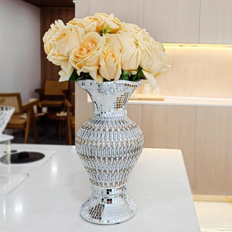 Large Ceramic Vase Inlaid with Rhinestones Vintage Silver Flower Vase for Home Decor 30cm Flower Vase