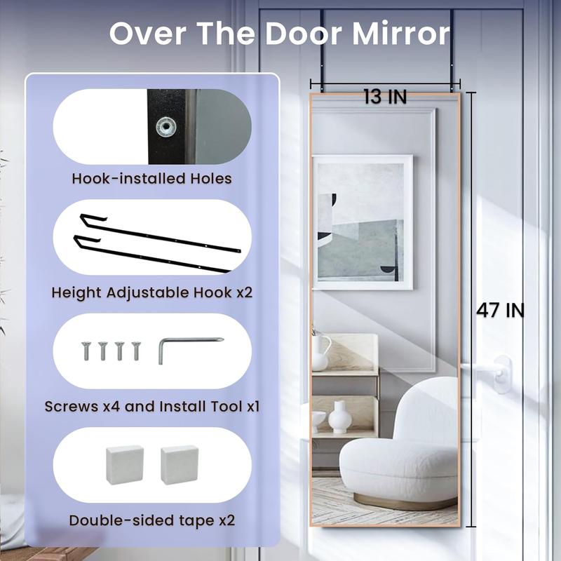 47x14 Over The Door Mirror Full Length Hanging Door Mirror Wall Mounted Mirror for Bedroom Bathroom Dorm Long Full  Mirror with Hanger Yellow