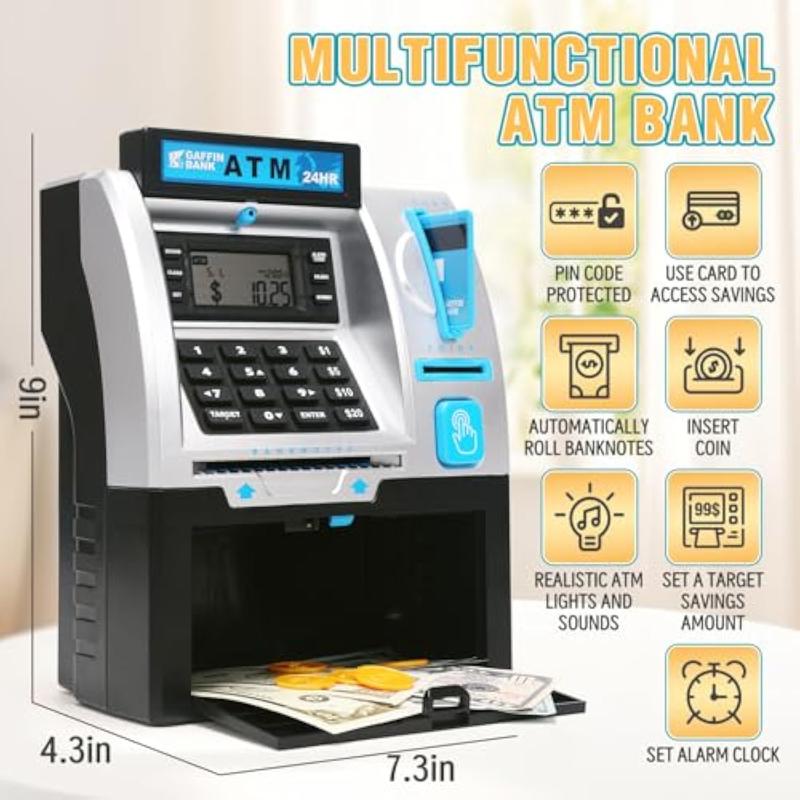 ATM Piggy Bank for Real Money, Digital Electronic Saving Safe Machine Box with Debit Card, Bill Feeder, Coin Recognition, Balance Calculator, Password Lock Case, Gift for Kids Boys Girls