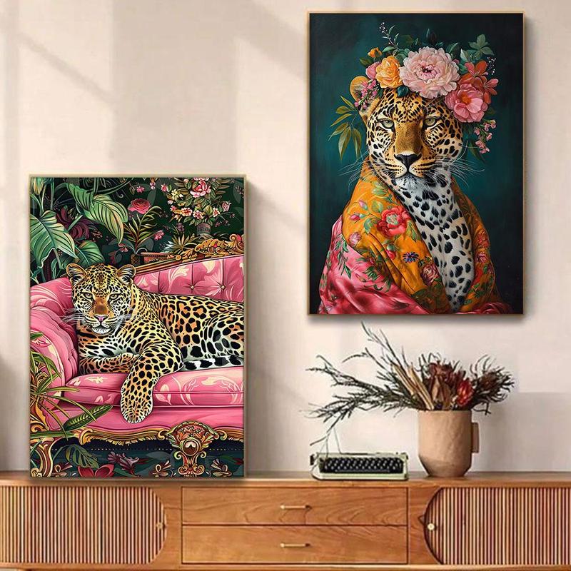 Leopard & Flower Pattern Unframed Painting, 2 Counts set Modern Canvas Wall Art, Wall Decor for Home Living Room Bedroom Office School