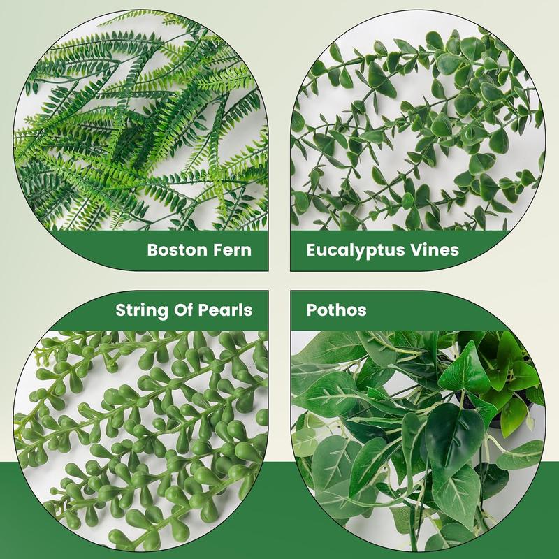 [Limited Time Deal] 4 Pack Fake Plants with Pots, Artificial Ivy, Eucalyptus, Boston Fern, & String of Pearls for Indoor Outdoor Decor.