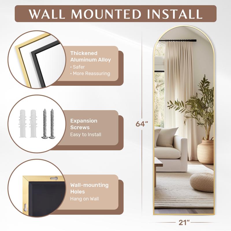 Full Length Mirror, Full Body Mirror with Stand, Hanging or Leaning for Wall, Aluminum Alloy Thin Frame Floor Standing for Bedroom, Living Room, Cloakroom Decor mirrors