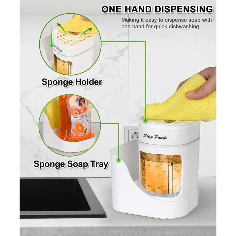 Kitchen Dish Soap Dispenser with Sponge Holder, 3-in-1 Countertop Dishwashing Soap Pump Dispenser Set for Kitchen Sink, Useful Kitchen Gadgets