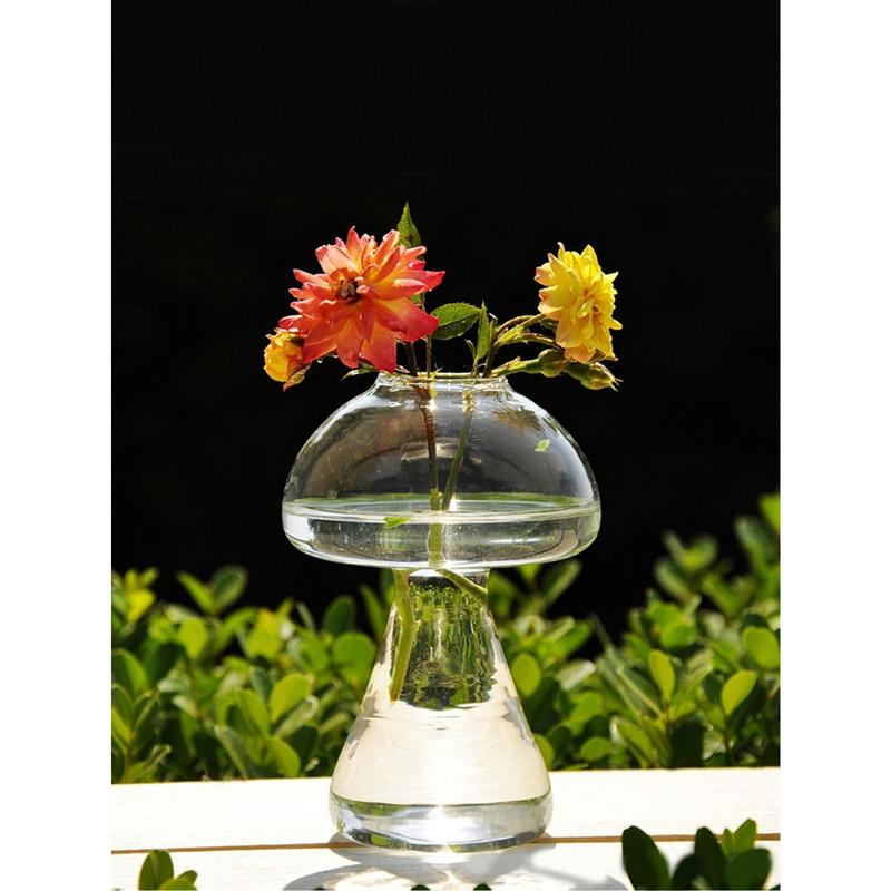 1 Nordic style hydroponic mushroom vase - Narrow mouthed smooth transparent glass bud vase suitable for home, office, living room decoration - Indoor plant creative plant vase