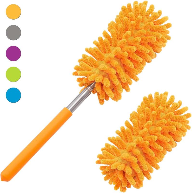 Microfiber Duster for Cleaning, Tukuos Hand Washable Dusters with 2pcs Replaceable Microfiber Head, Extendable Pole, Detachable Household Retractable