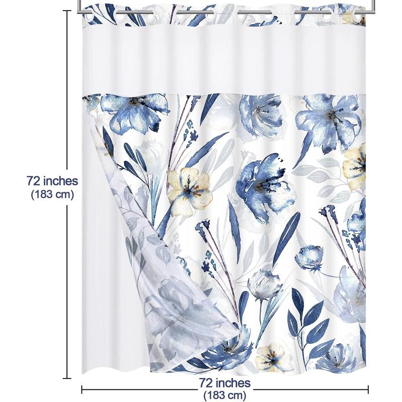 Alishomtll No Hook Shower Curtain with Snap-in Liner Set, Hotel Grade Blue Floral Shower Curtain with See Through Top Window, Blue White, No Hook, Double Layer, Waterproof, Washable, 72