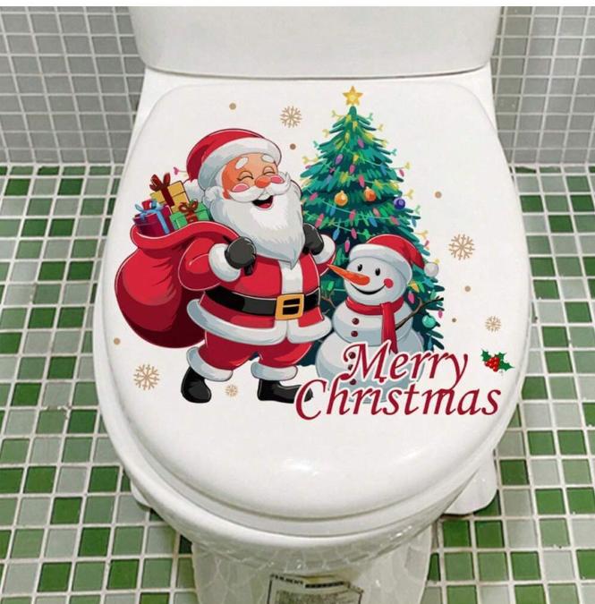 Christmas Snowman & Tree Print Toilet Seat Cover Sticker for Bathroom Decoration