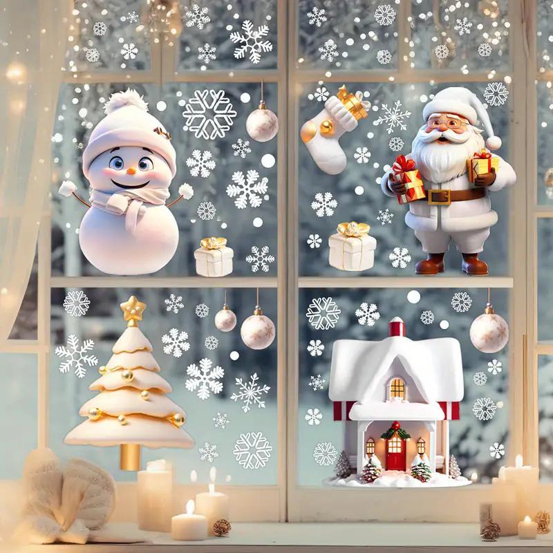 3D Santa Claus & Snowflake & House & Tree Pattern Window Sticker, 1 Set Double Sided Reusable Window Decal, Decor Sticker for Home Office Party Holiday