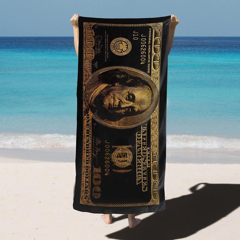 Black and Gold 100 Dollar Bill Beach Towels for Adults Funny Money Beach Towel for Mens Quick Dry Towel Oversize 30