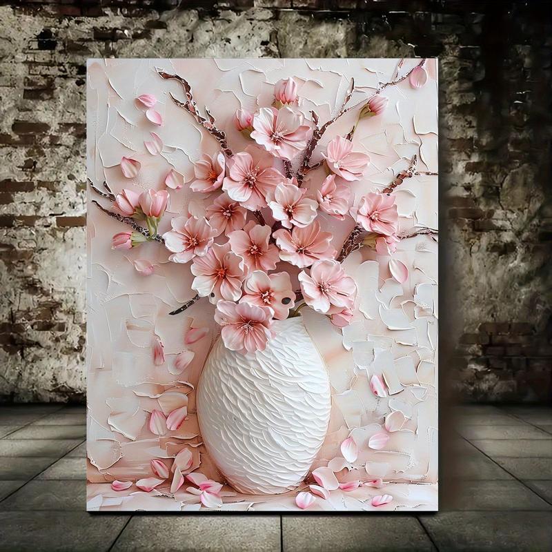 Charming Pink Floral Vase Canvas Art , Textured Background with Green Leaves & Light Beige Walls - Perfect for Living Room Decor(Frameless)