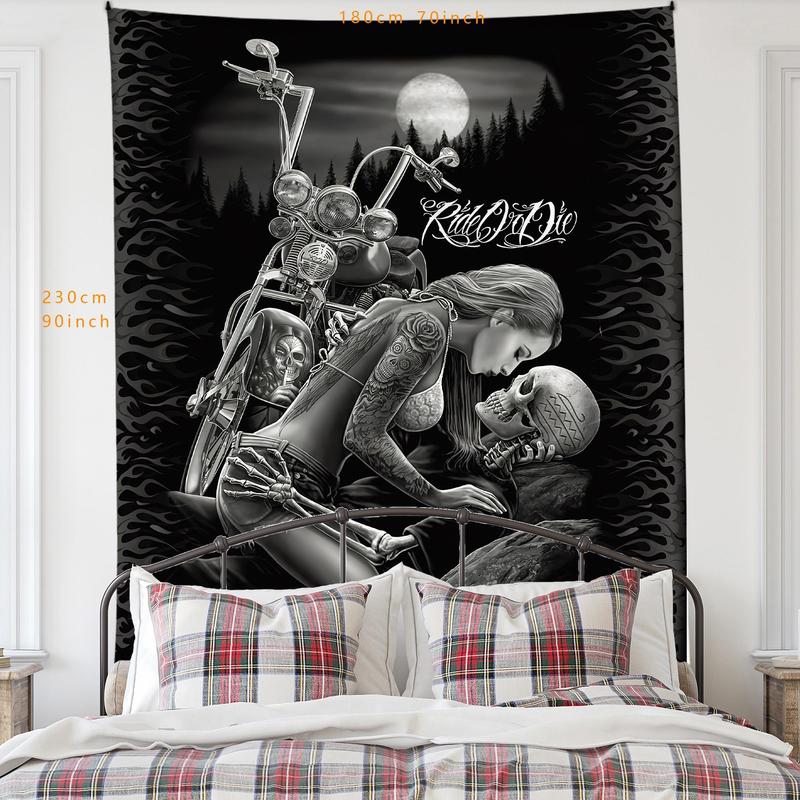 Halloween Motorcycle & Couple Pattern Tapestry, Halloween Decor Gothic Style Wall Hanging, Wall Decor for Home Living Room Bedroom Office Dormitory