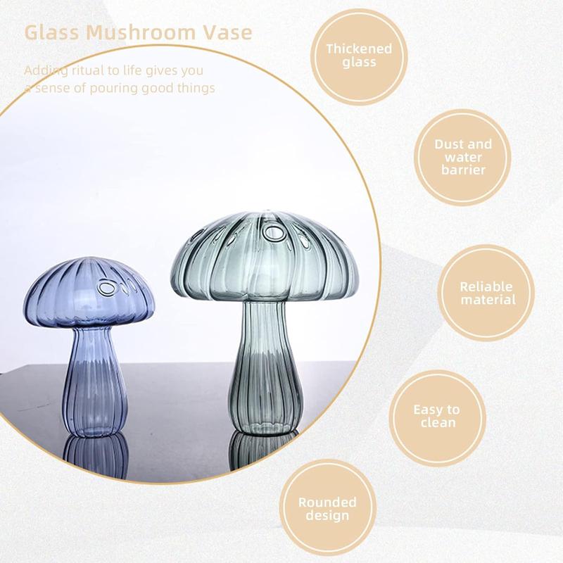 Clear Mushroom Flower Vase,Glass Hydroponic  Vases, Nordic Style Mushroom Glass Bud Vases Mushroom Flower Vases for Home Office Living Room Decor(Blue)