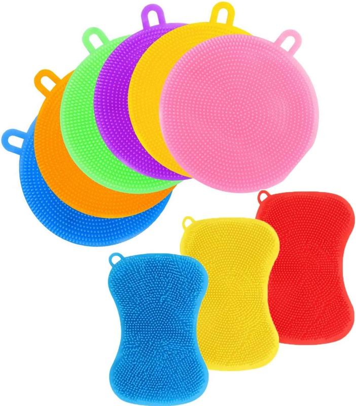 Silicone Sponge 9 Pack Sponges for Dishes Silicone Scrubber Dish Brush Kitchen Cleaning Sponges Silicone Dishwasher-Safe Brush Pad Double Sided for Kitchen (9 Pack-New)