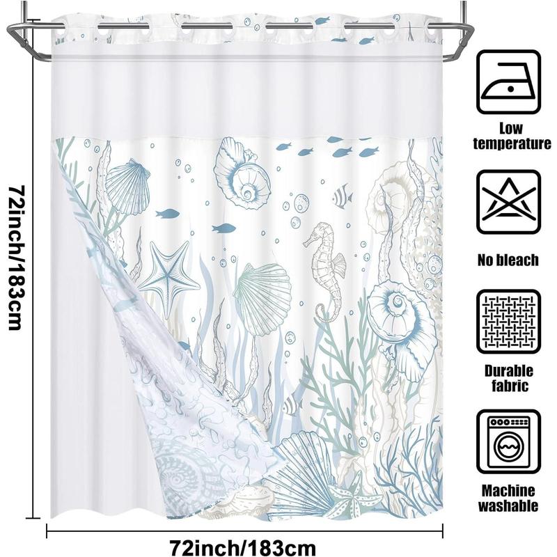 Alishomtll No Hook Shower Curtain with Snap in Liner Seashell Beach Shower Curtain Fabric Waterproof Inner Liner Themed Shower Curtains for Bathroom Decor