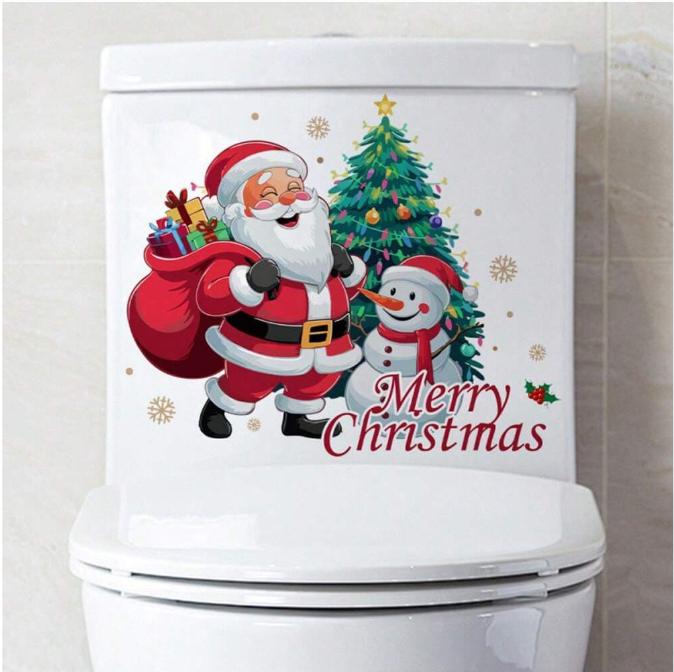 Christmas Snowman & Tree Print Toilet Seat Cover Sticker for Bathroom Decoration