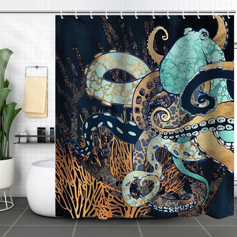 Octopus Pattern Shower Curtain, 1 Count Waterproof Bathroom Curtain with 12pcs Hooks, Bathroom Decor Supplies for Home Hotel Salon