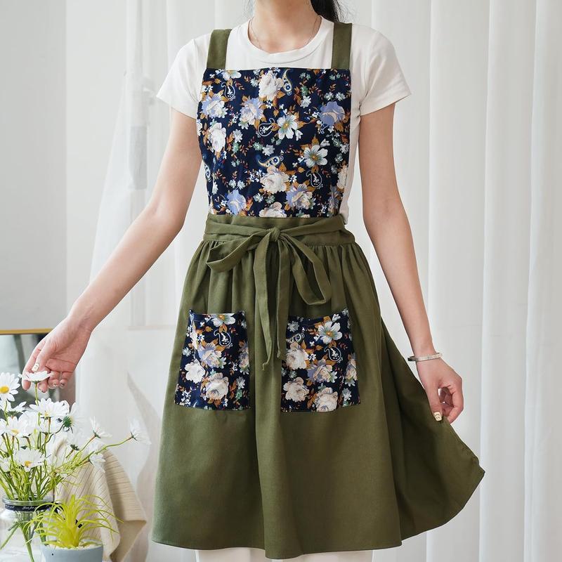 Vintage apron with pockets, cute floral chef apron, suitable for kitchen cooking baking gardening