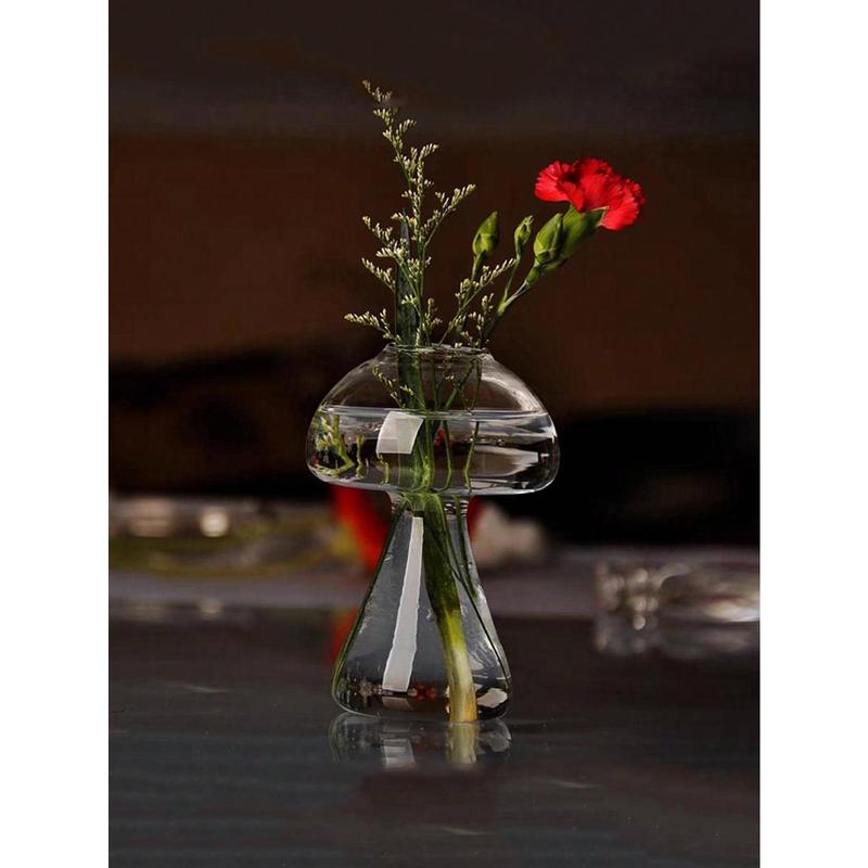 1 Nordic style hydroponic mushroom vase - Narrow mouthed smooth transparent glass bud vase suitable for home, office, living room decoration - Indoor plant creative plant vase