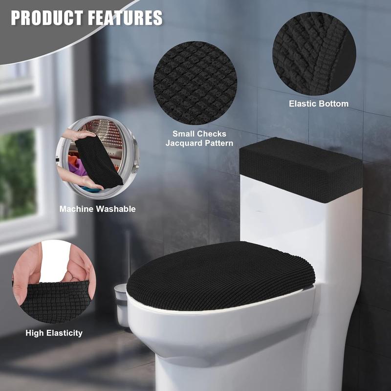 Toilet Lid Cover and Toilet Tank Cover Stretch Toilet Covers Set for Bathroom, Polyester Spandex Jacquard Fabric, Machine Washable, with Elastic Bottom, Black Seat