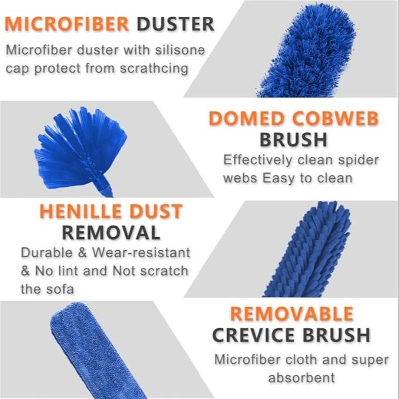 Microfiber Feather Duster Set, 5 Counts set Washable Cobweb Dusters, Cleaning Kit with Extension Long Pole, Bendable Telescopic Duster for Fan