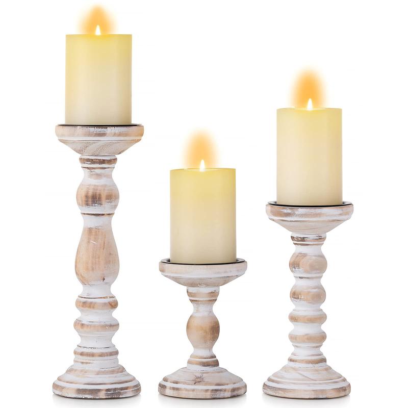 Candle Holder for Pillar Candles: Nuptio Set of 3 Decorative Wood Candlestick Holders, Rustic Wooden Candle Stand for Fireplace Mantle End Table Shelf in Farmhouse Style, Whitewashed 6”, 8.3”, 12”