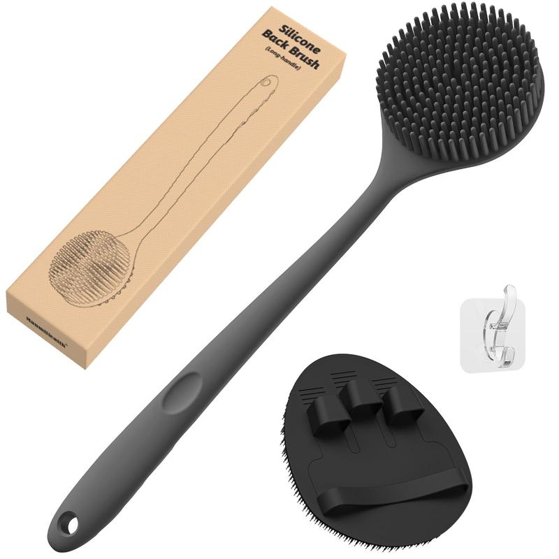 Silicone Back Scrubber(Thick Bristles) & Soft Bath Glove Set, Super-Exfoliating Body Scrubber & Super-Lathering Shower Brush Combination, with a Free Hook.(Black) Accessories