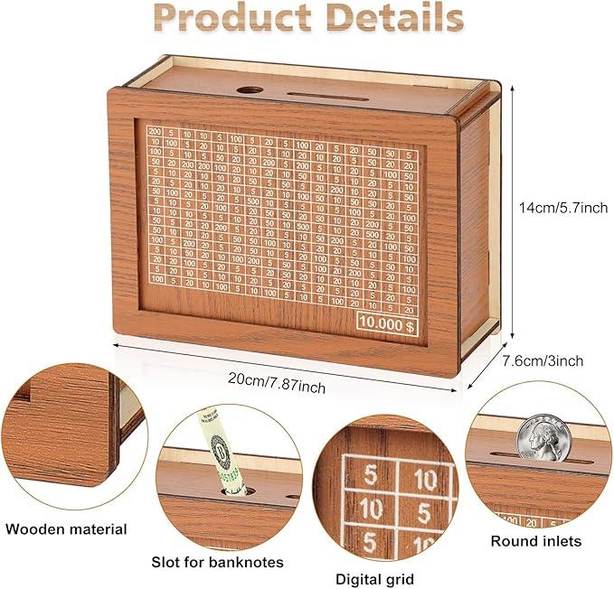 Money Saving Box,Wooden Money Box,Savings Box,with Money Target and Numbers with Counter Crafts Portable Storage Case Money Saving Box for Adults Child (10000 Dollar)