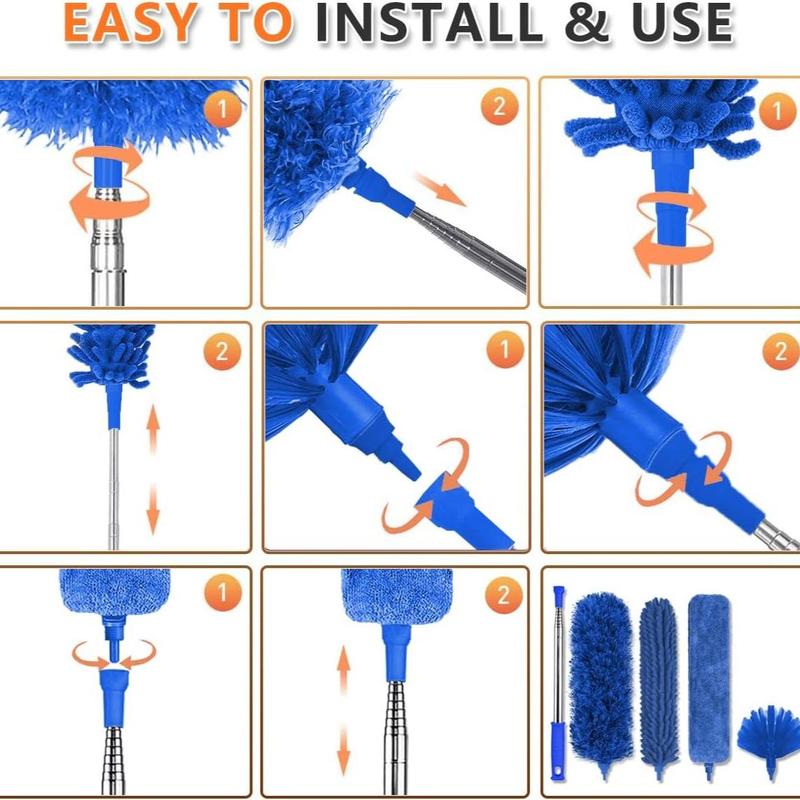 Microfiber Feather Duster Set, 5 Counts set Washable Cobweb Dusters, Cleaning Kit with Extension Long Pole, Bendable Telescopic Duster for Fan