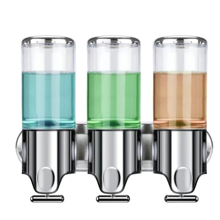 3-in-1 Wall-Mounted Dispenser for Shampoo, Soap & Conditioner, No-Drill, Transparent Bottles, Ideal for Bathroom & Hotel - Shower Gel Organizer Smooth Hand Installation