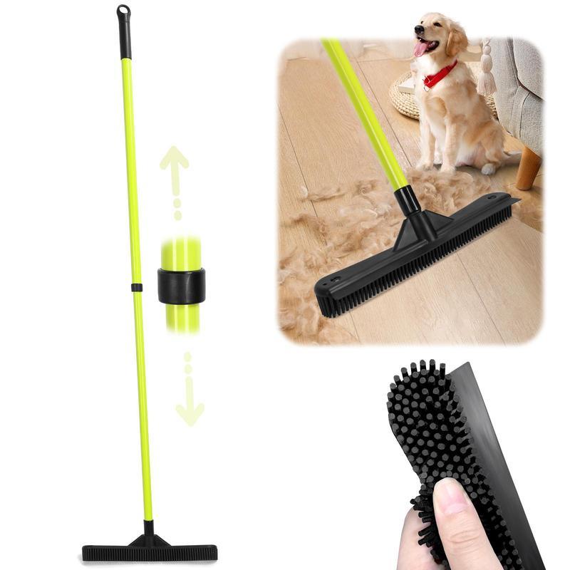 Original Indoor Pet Hair Rubber Broom with Carpet Rake and Squeegee, Broom withTelescoping Long Handle, Pet Hair Broom withSqueegee for Carpet