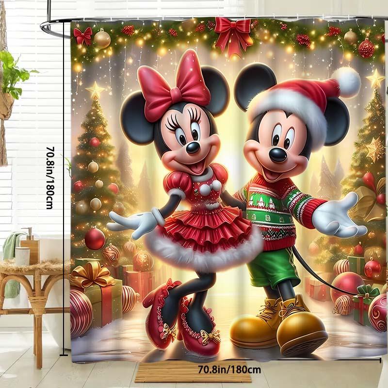 Disney Mickey & Minnie Mouse Pattern Shower Curtain, 1 Count Waterproof Bathroom Curtain with Hooks, Bathroom Decor for Home Hotel Salon Dormitory